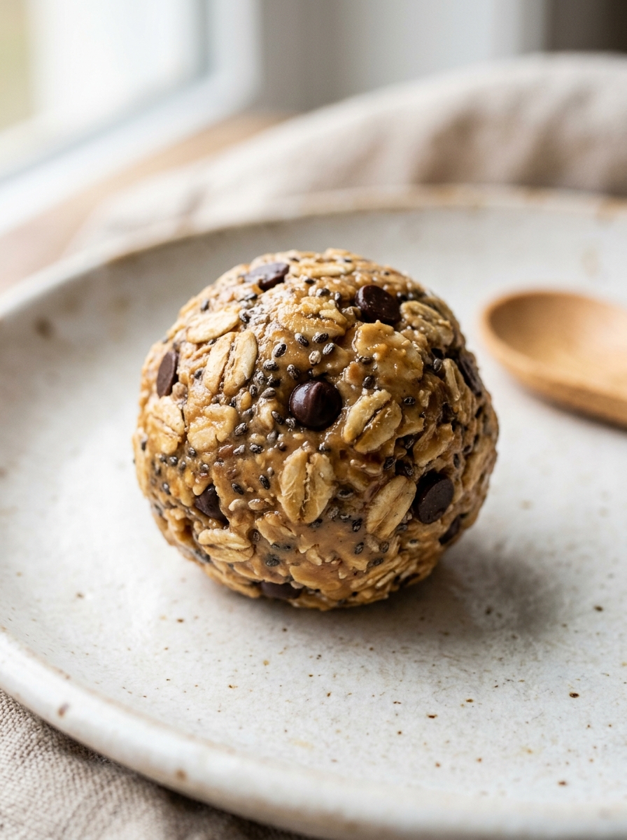 close-up texture of a soft chewy no-bake peanut butter protein energy bite