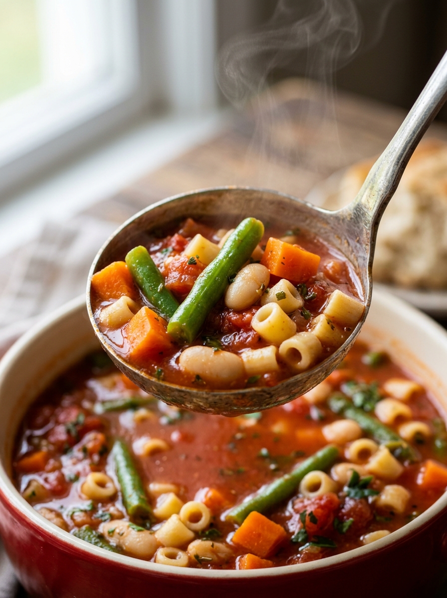 ladle lifting a rich flavorful serving of hearty Italian vegetable minestrone soup