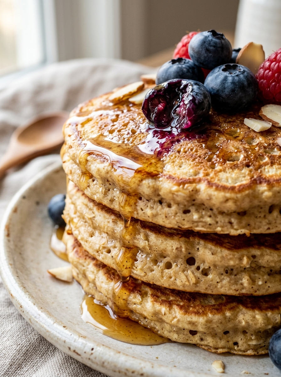 warm stack of cottage cheese pancakes drizzled with pure maple syrup and fresh blueberries