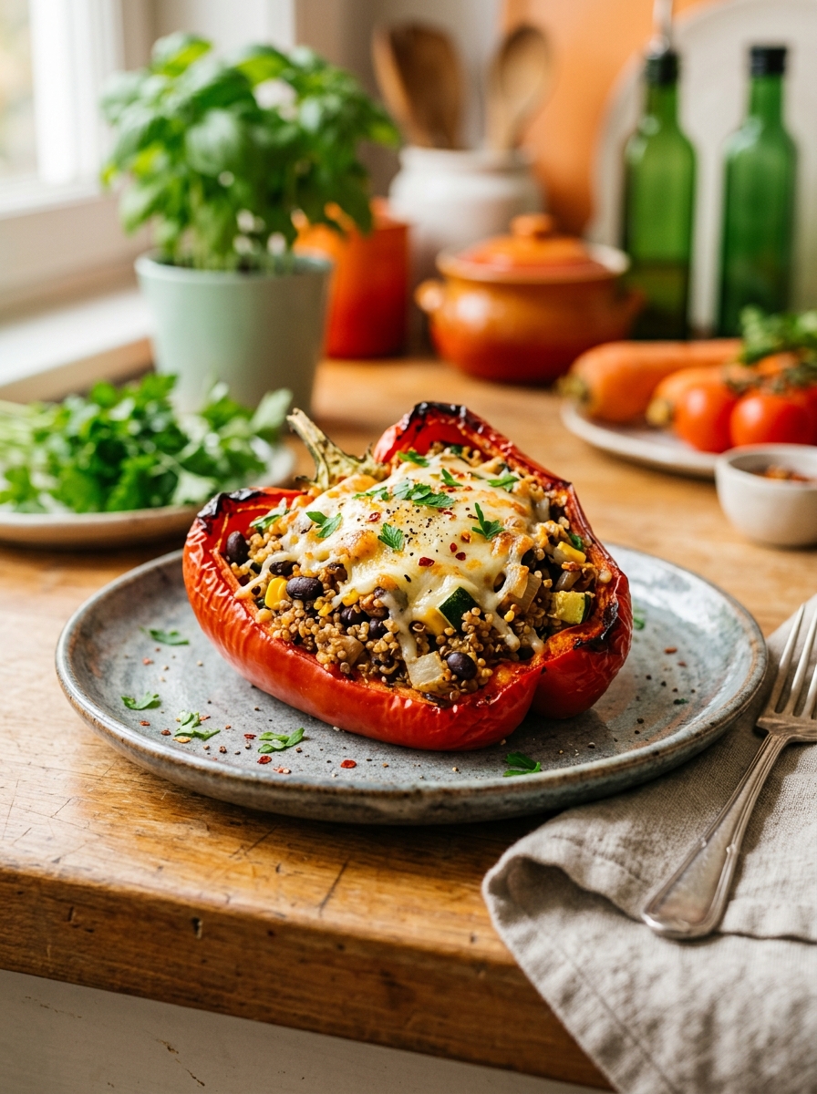 plated serving of a roasted turkey and quinoa stuffed bell pepper garnished with fresh chopped cilantro