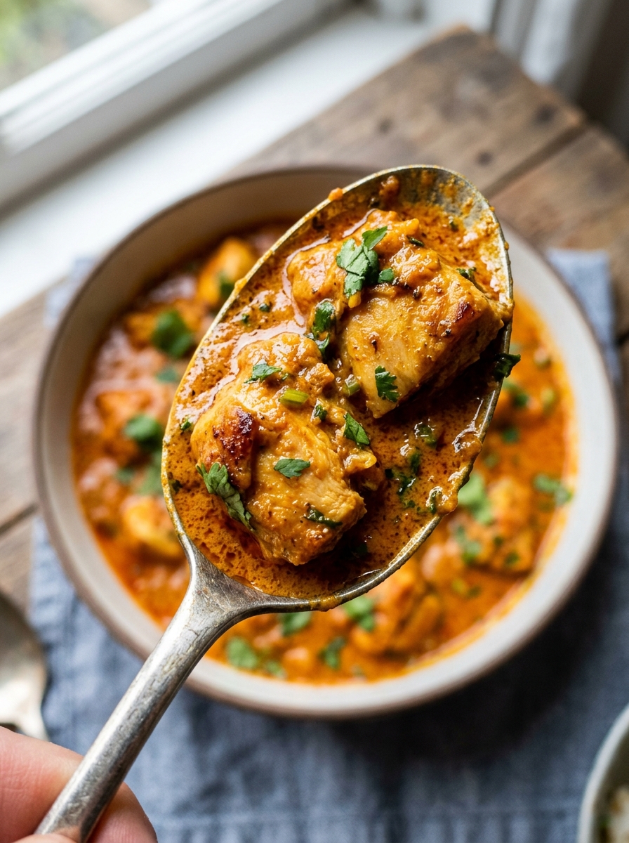spoonful of creamy tender chicken tikka masala served with brown basmati rice and cilantro