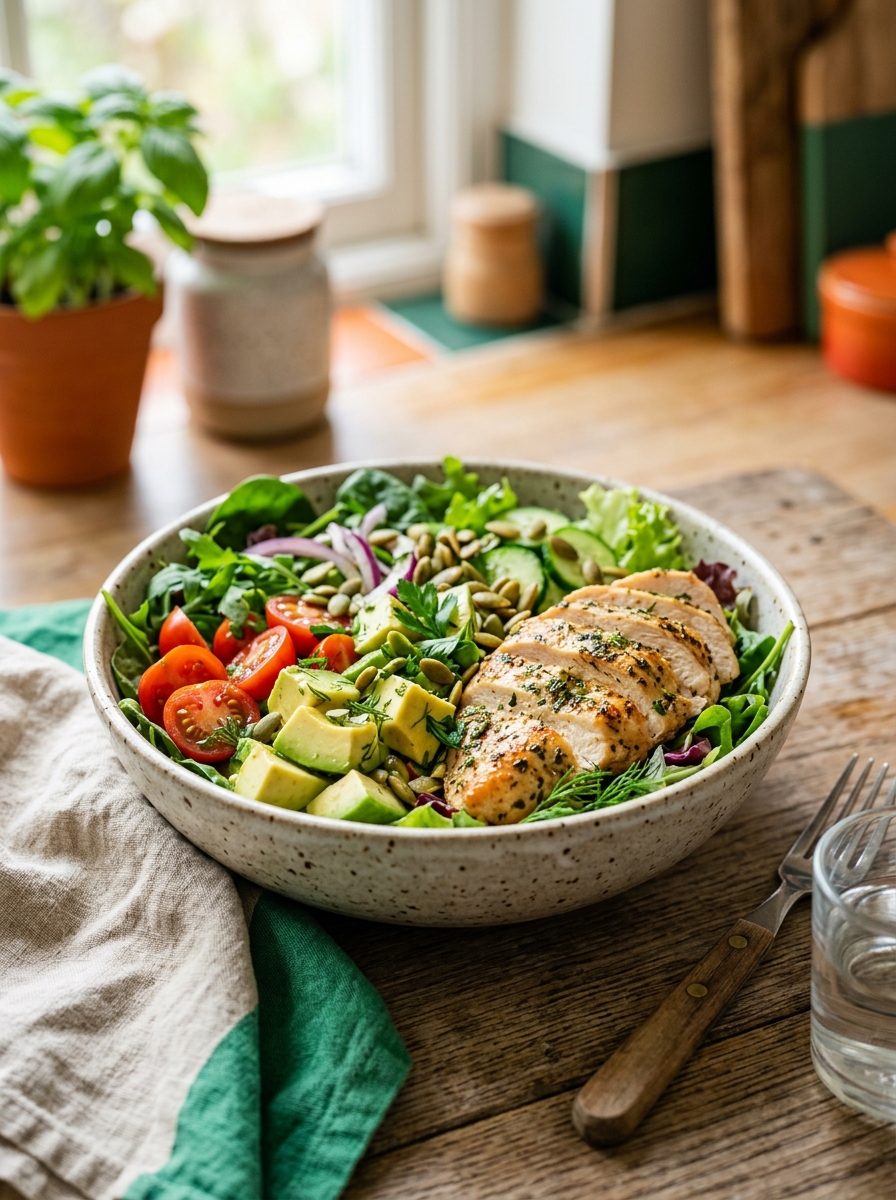 plated portion of refreshing chicken avocado salad topped with freshly cracked black pepper and lime