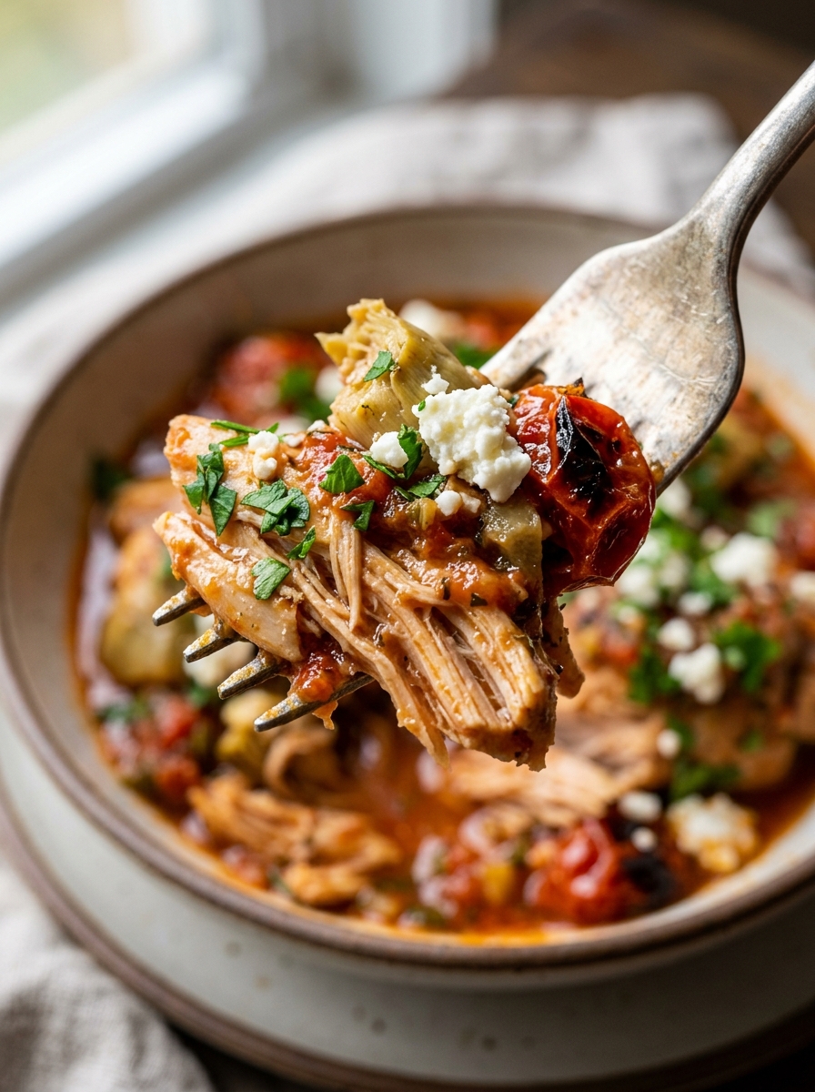 forkful of tender braised Mediterranean chicken casserole served warm with roasted juices
