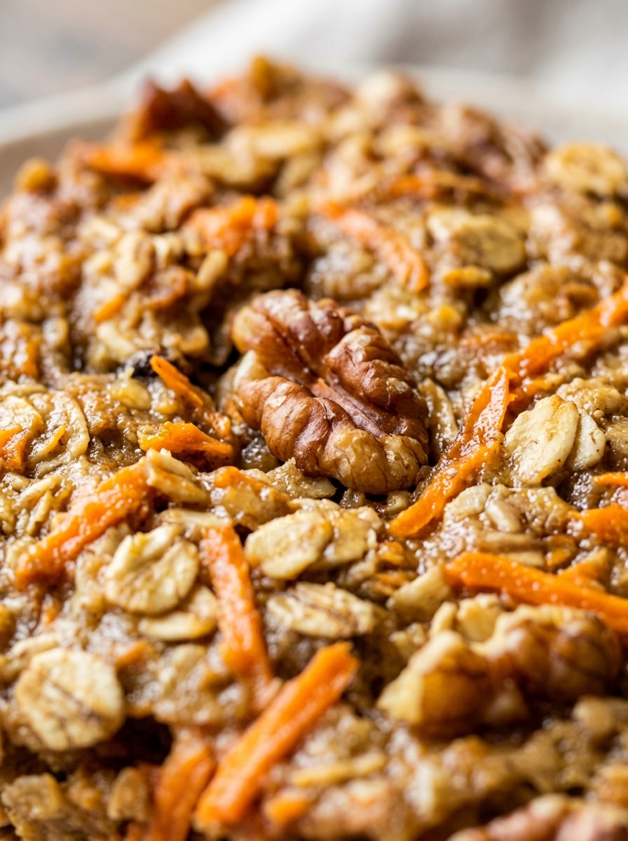 single portion slice of moist healthy carrot cake oatmeal breakfast bar garnished with chopped walnuts