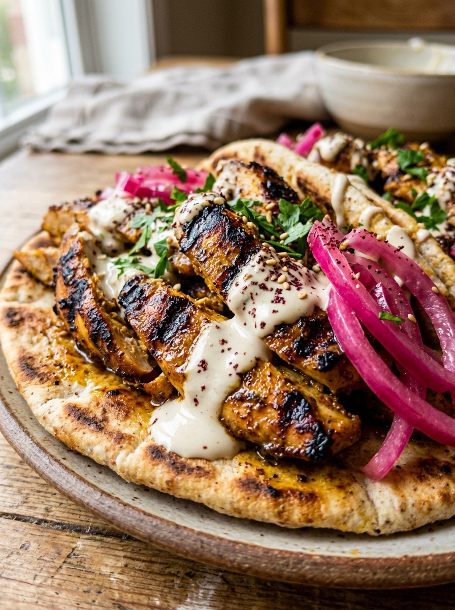 close-up serving of tender spiced grilled chicken shawarma served over Mediterranean grain salad
