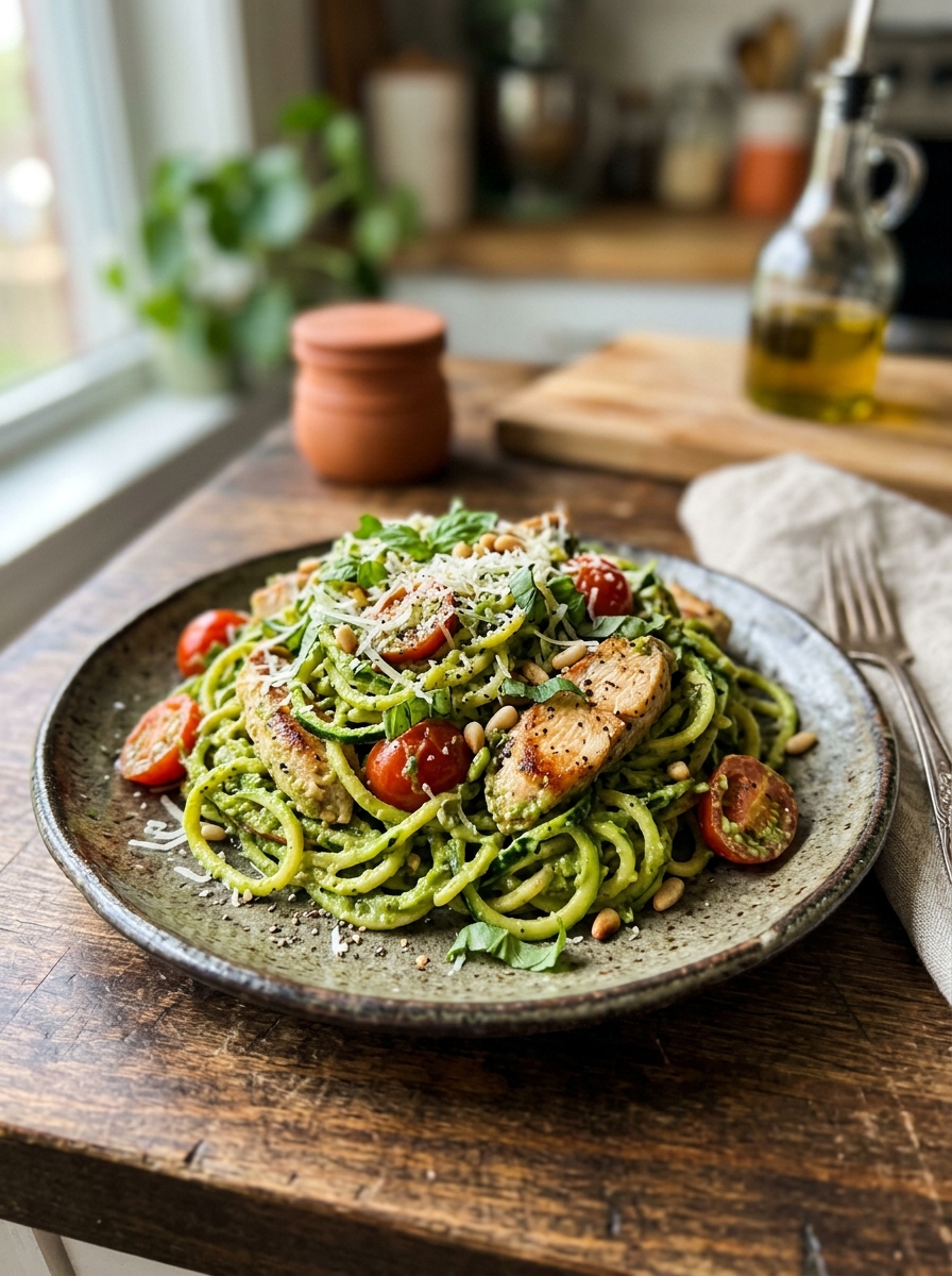plated serving of spiralized zucchini noodles coated in silky avocado pesto and tender chicken breast strips