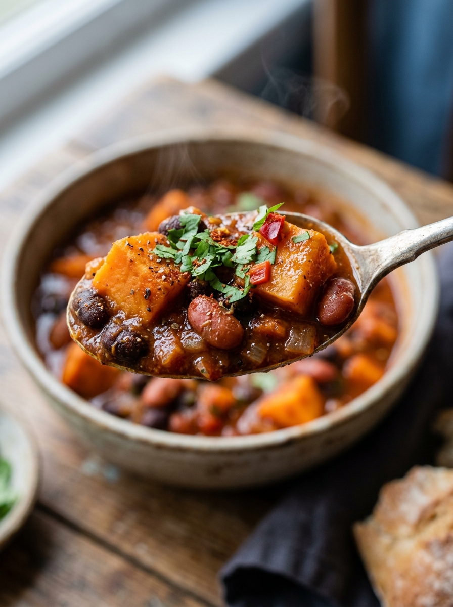 steaming bowl and spoonful of smoky sweet potato chili topped with diced avocado and fresh cilantro