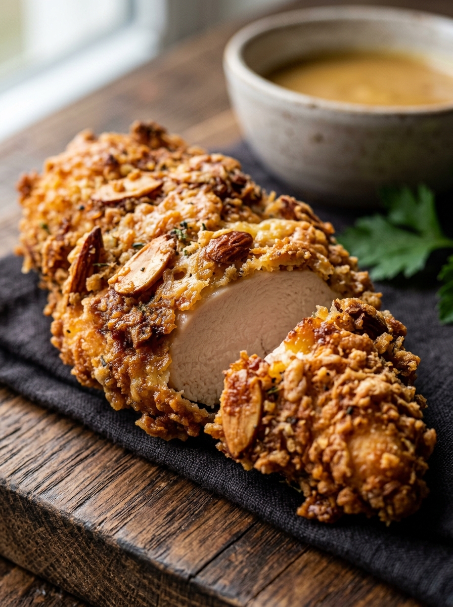 close-up shot of a crunchy golden air fryer parmesan chicken tender dipped in rich tomato sauce