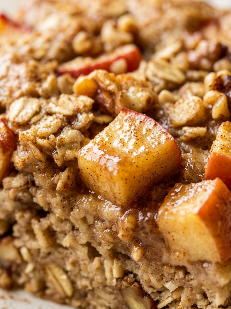 plated square slice of warm cinnamon apple baked oatmeal topped with crunchy toasted walnuts