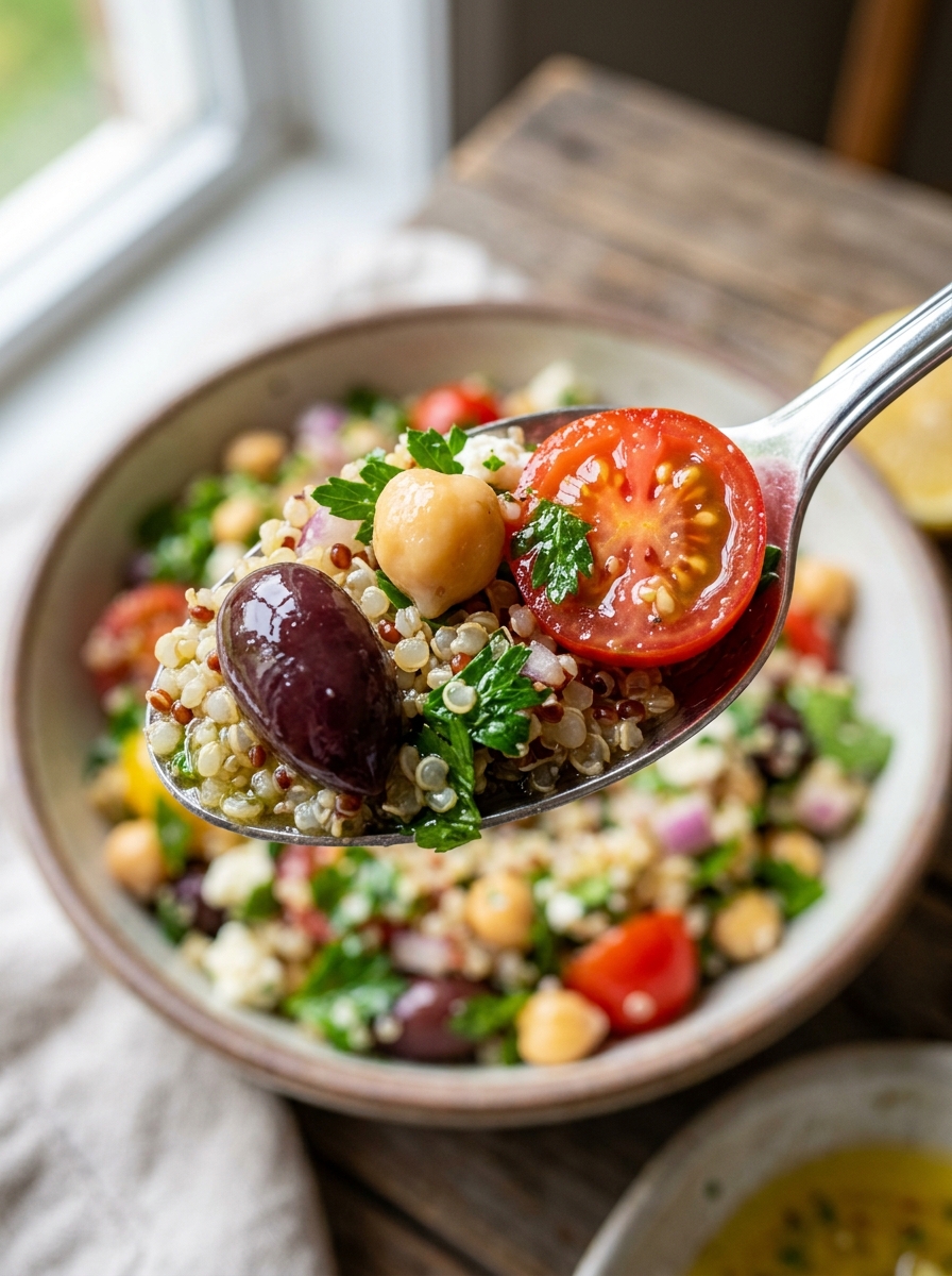 spoonful of fresh vibrant Mediterranean quinoa chickpea salad served in a white bowl