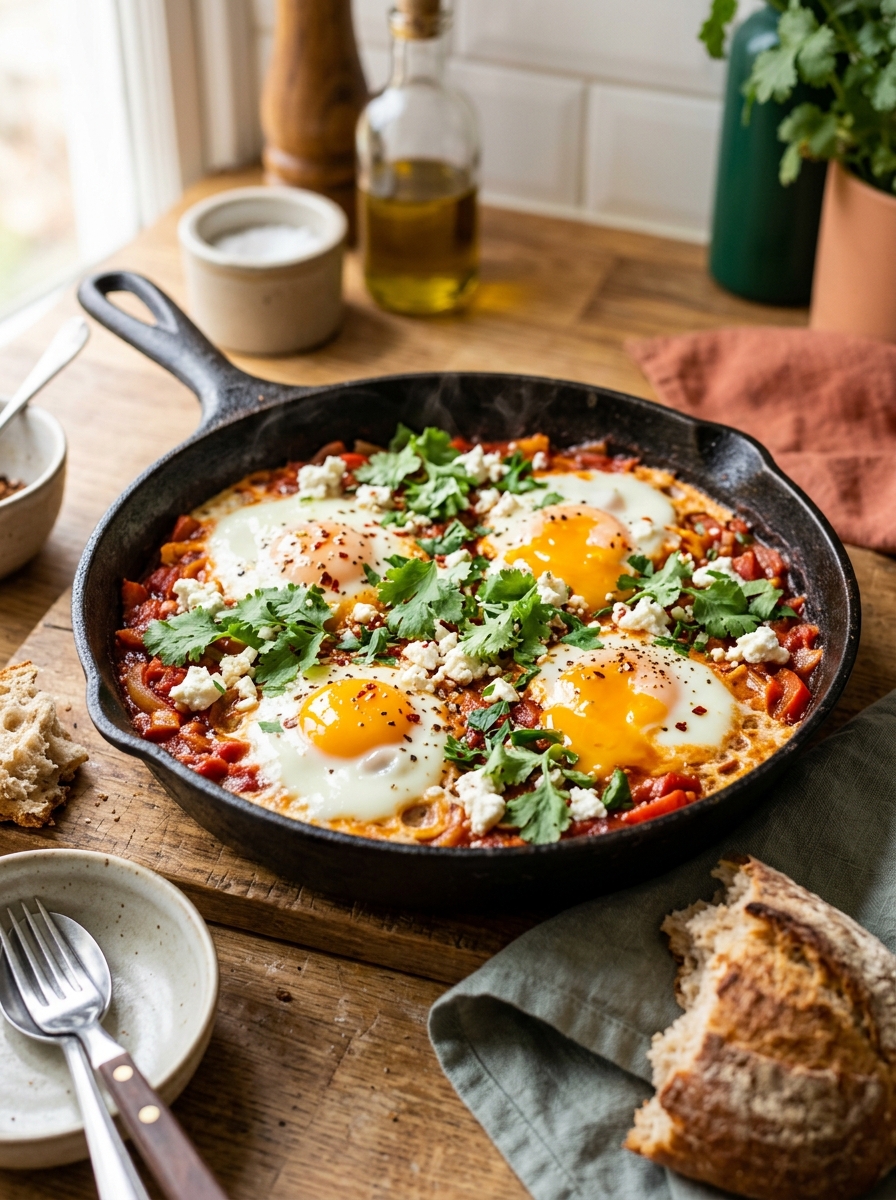 rustic cast iron skillet of poached egg shakshuka garnished with fresh parsley and crumbled feta