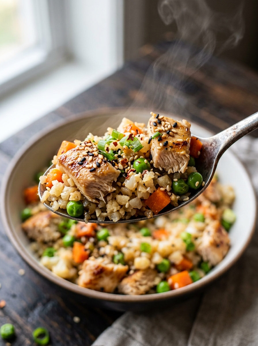 spoonful of flavorful grain-free cauliflower chicken fried rice served hot in a ceramic bowl