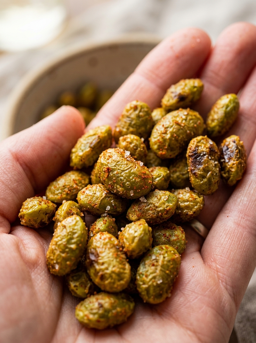 golden crispy roasted edamame seasoned with herbs and sea salt ready for healthy snacking