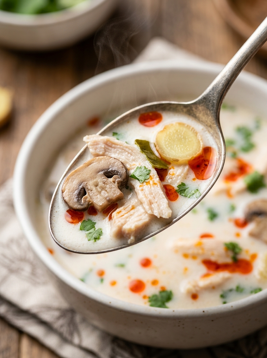 spoonful of velvety fragrant Thai ginger coconut chicken soup garnished with fresh cilantro and chili flakes