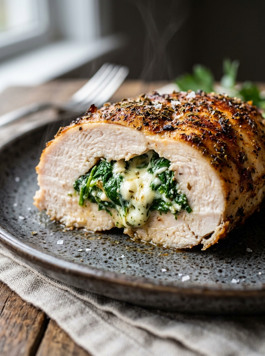 carved juicy slice of baked spinach and feta stuffed chicken breast showing the savory herb filling