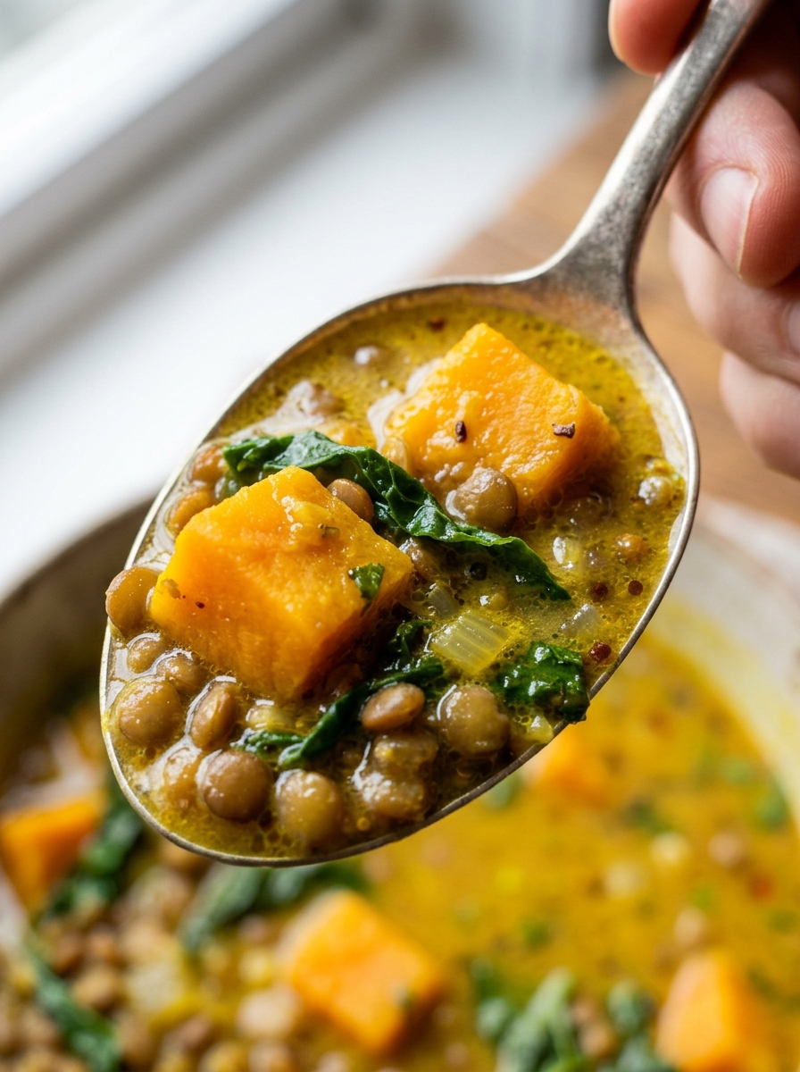 steaming bowl and spoonful of golden lentil and sweet potato curry served with brown rice and cilantro