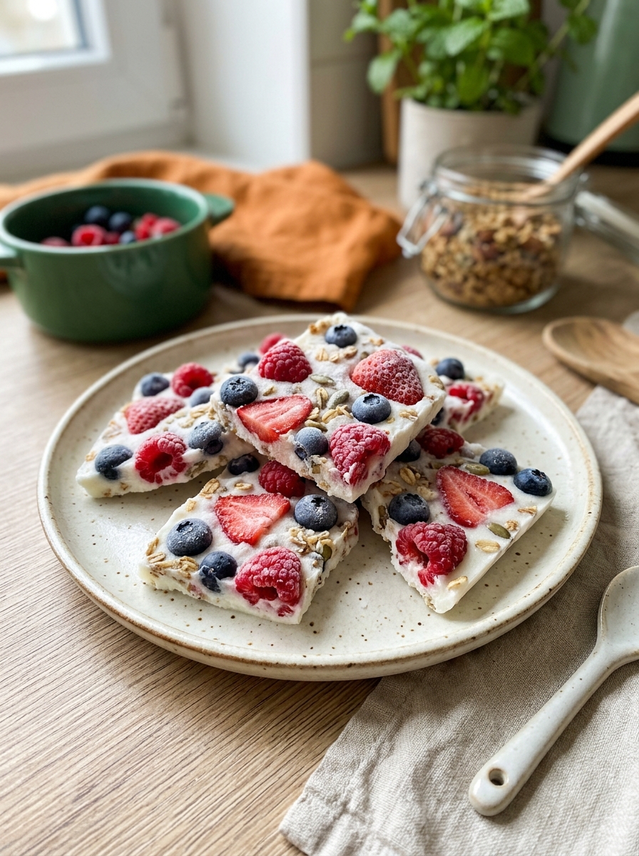 broken shards of chilled refreshing Greek yogurt berry bark displayed on parchment paper