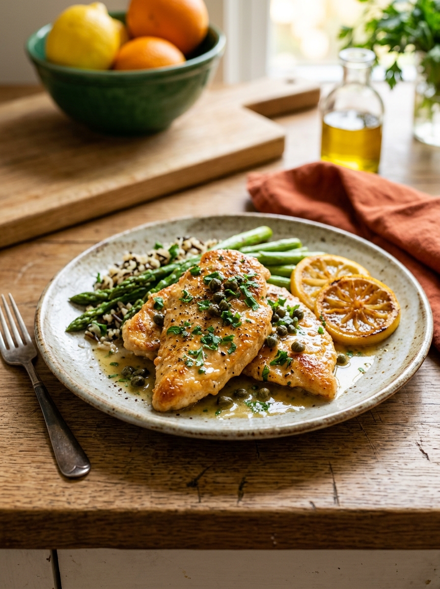 plated serving of golden chicken piccata cutlets garnished with lemon wheels and chopped parsley