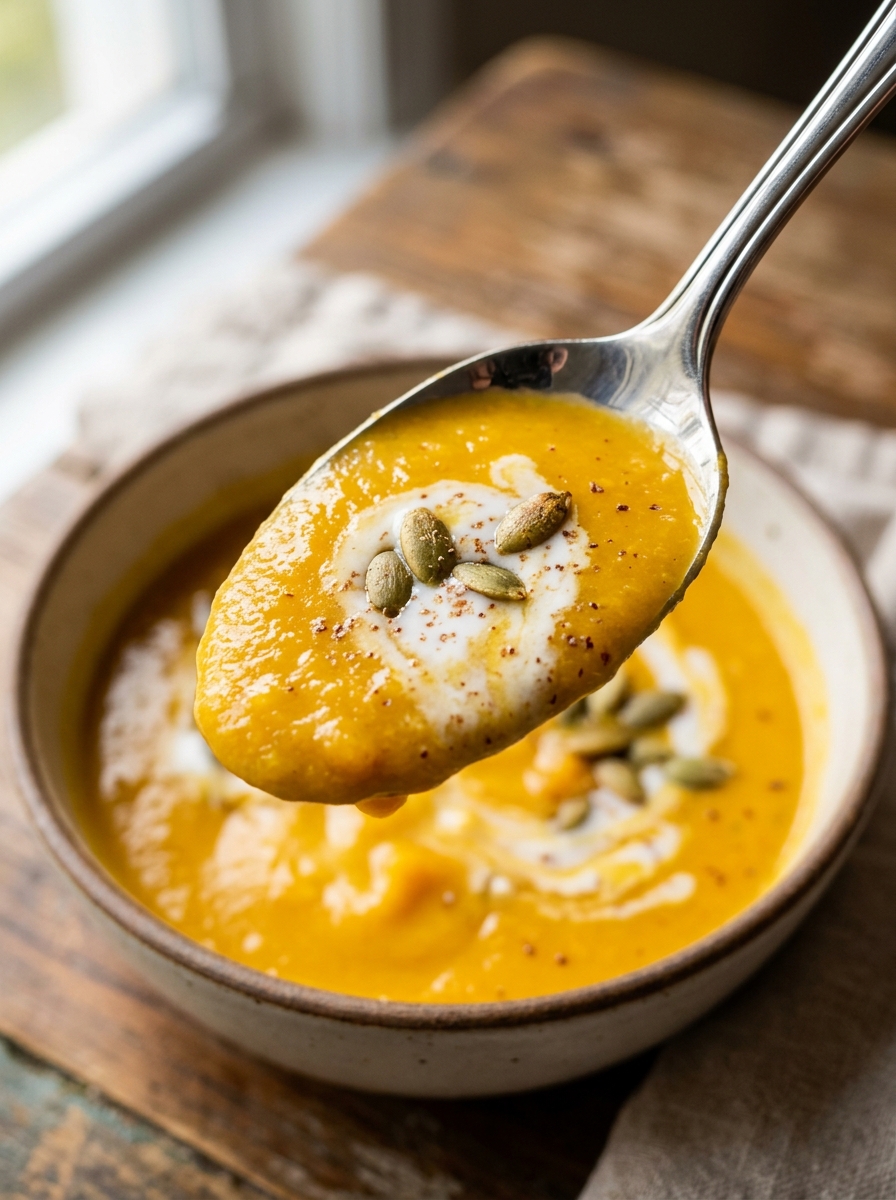 spoon lifting a silky golden spoonful of roasted butternut squash soup garnished with toasted pepitas