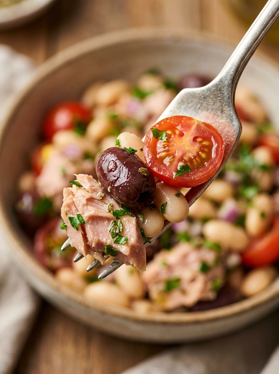 forkful of flavorful Mediterranean tuna and cannellini bean salad tossed with lemon herb vinaigrette