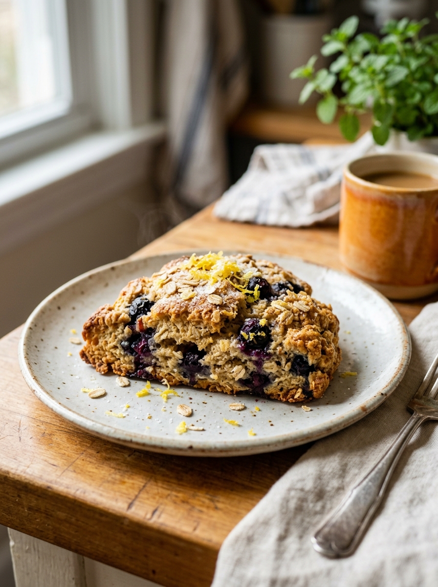 tender crumb of a baked healthy blueberry lemon oat scone with bursting blueberries