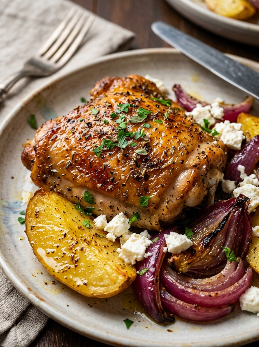 plated portion of crispy roasted Greek lemon herb chicken thigh served alongside caramelized golden potatoes