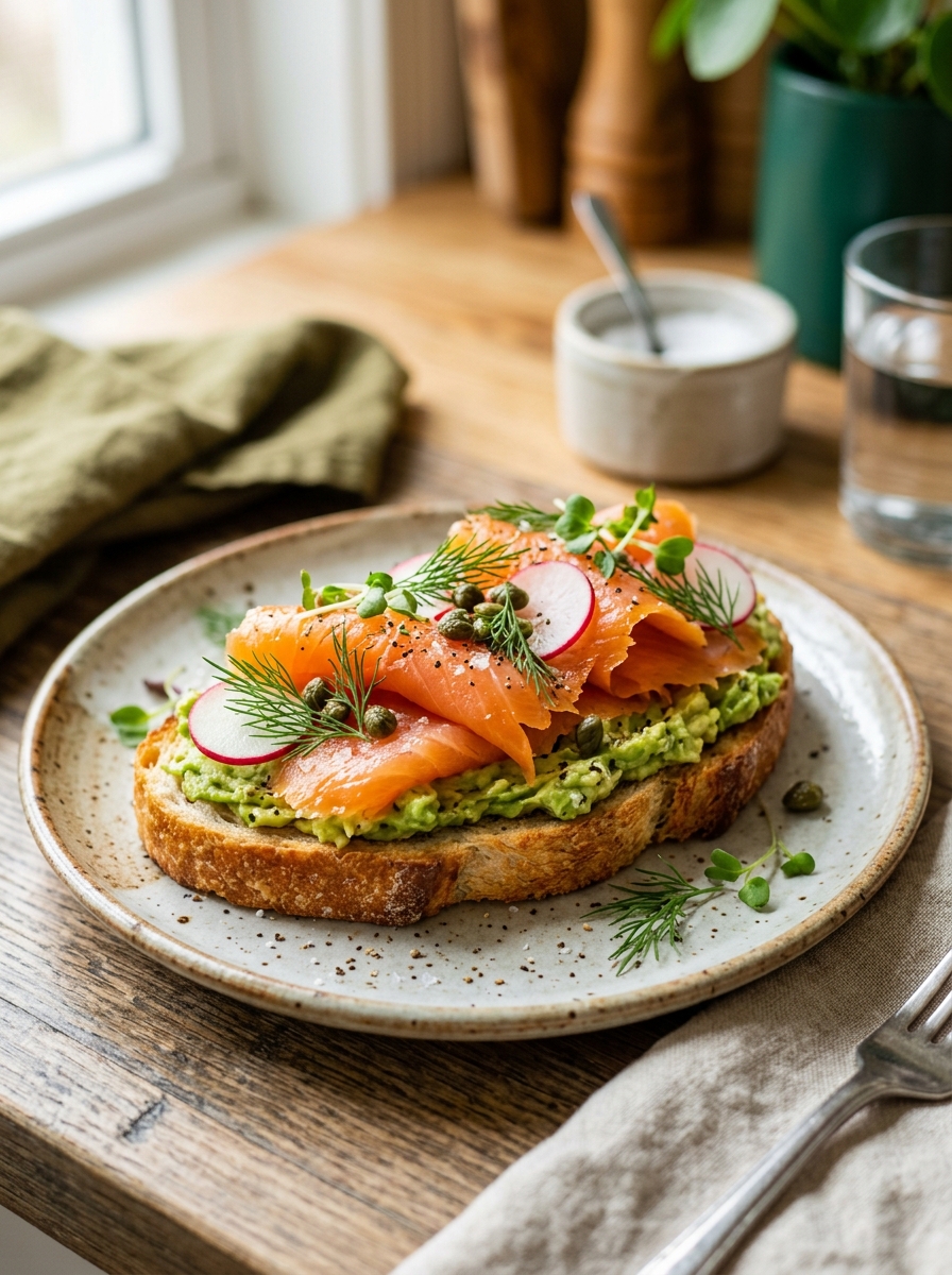 plated artisan slice of smoked salmon avocado toast garnished with fresh dill sprigs and lemon wedges