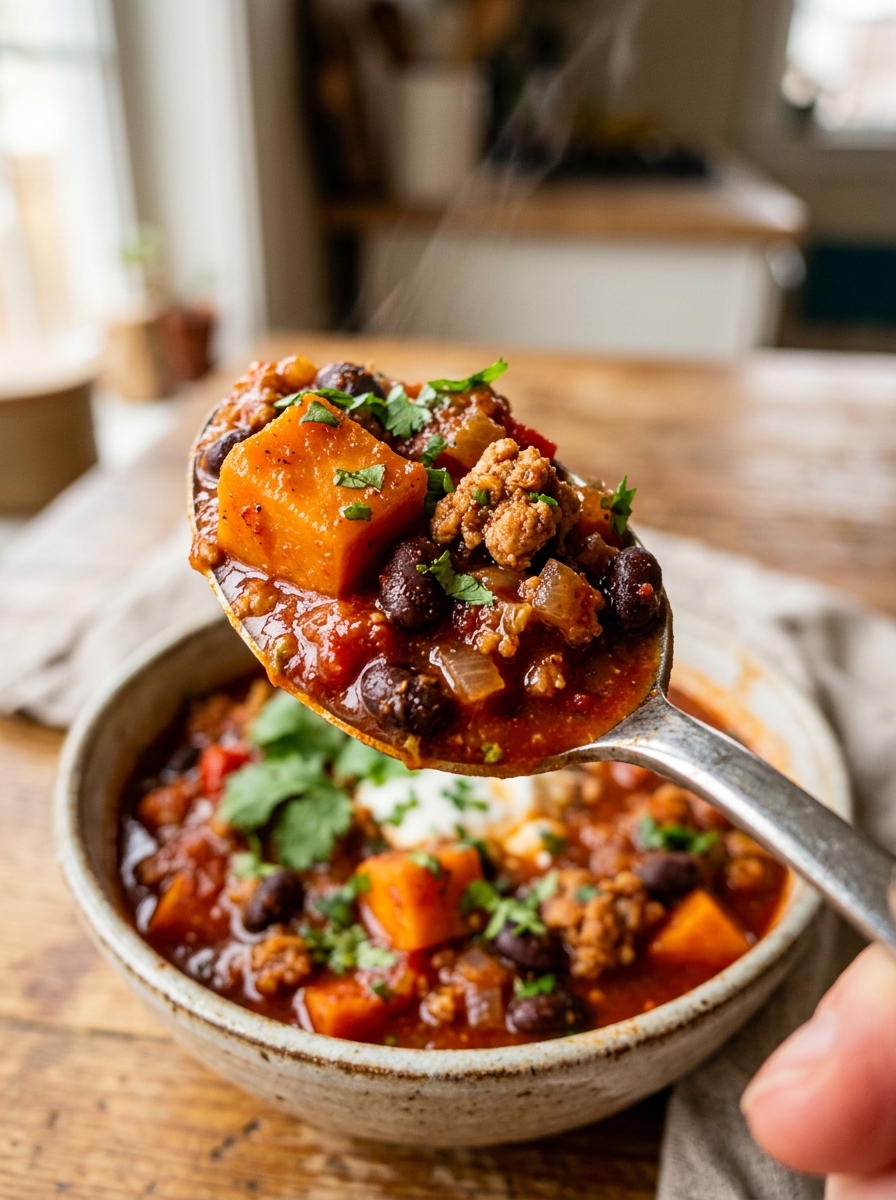 spoonful of hearty slow cooker turkey chili served in a ceramic bowl with fresh avocado