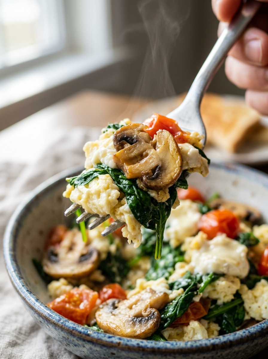 forkful of light and fluffy vegetable egg white scramble seasoned with fresh ground black pepper