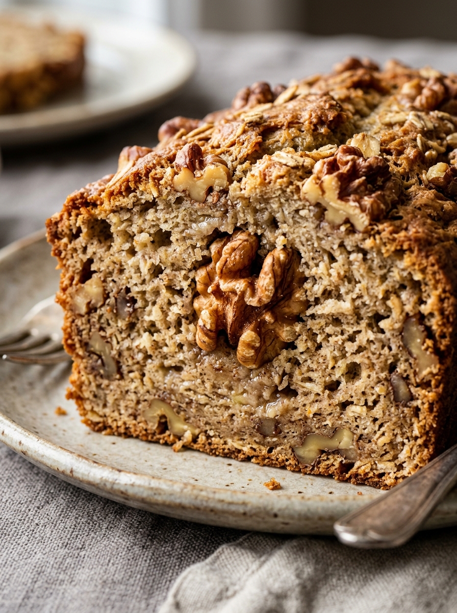 thick moist slice of healthy banana walnut bread served on a ceramic plate