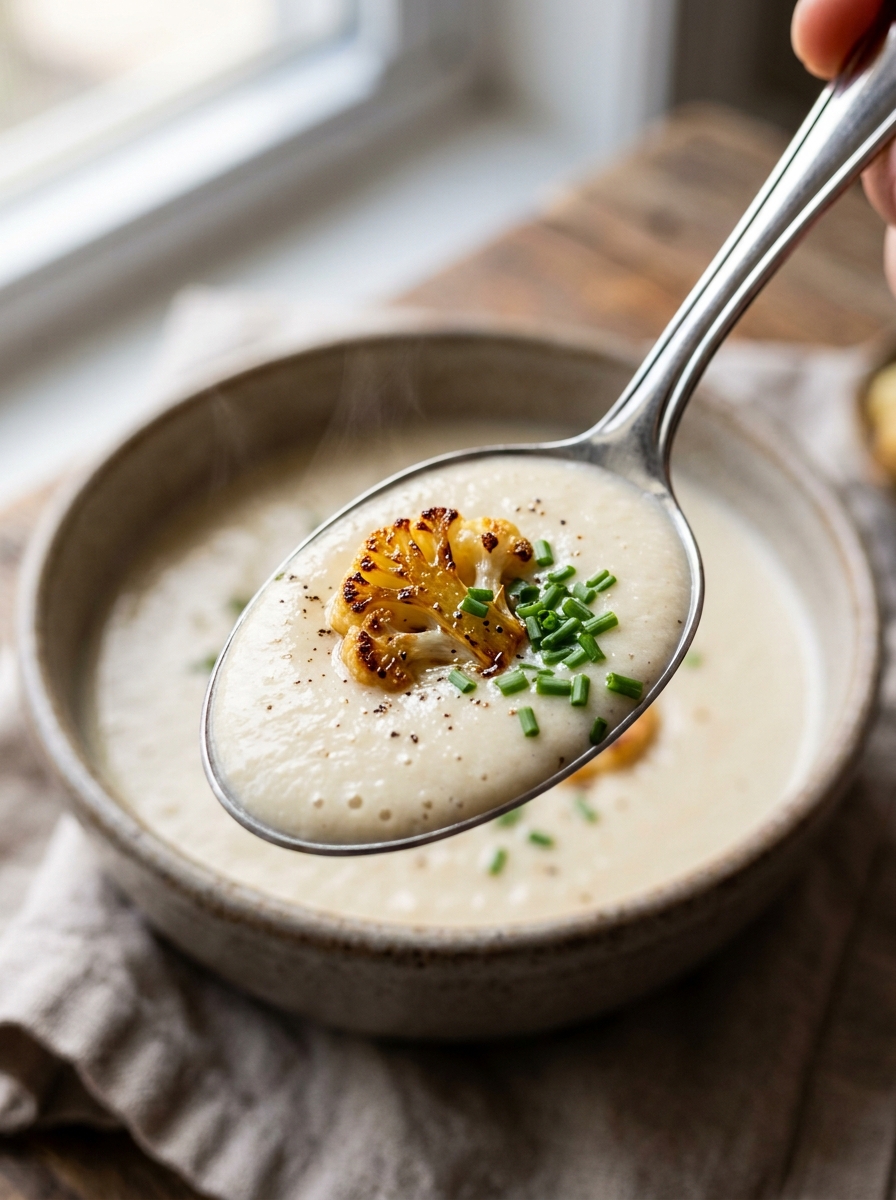 spoonful of velvety smooth roasted cauliflower cashew soup garnished with cracked pepper