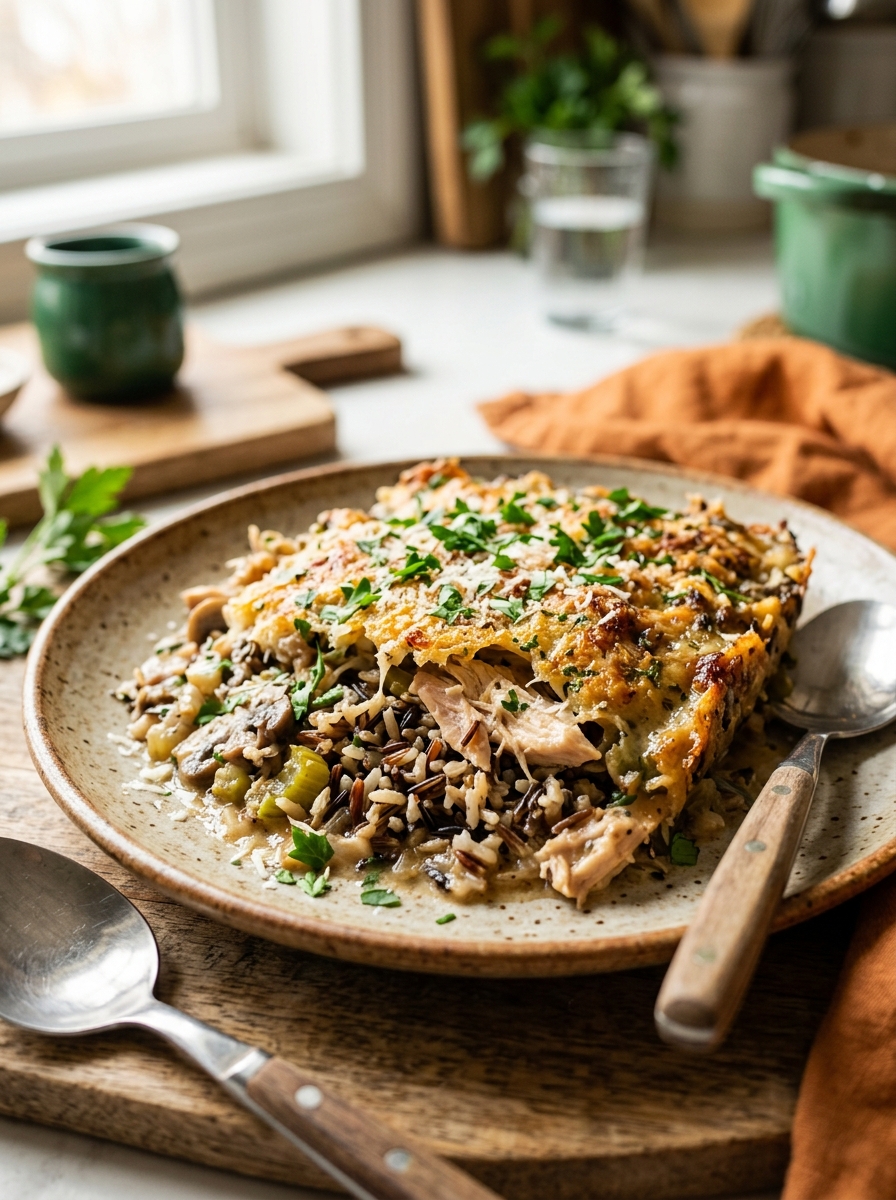 steaming portion of creamy chicken and wild rice casserole served on a dinner plate