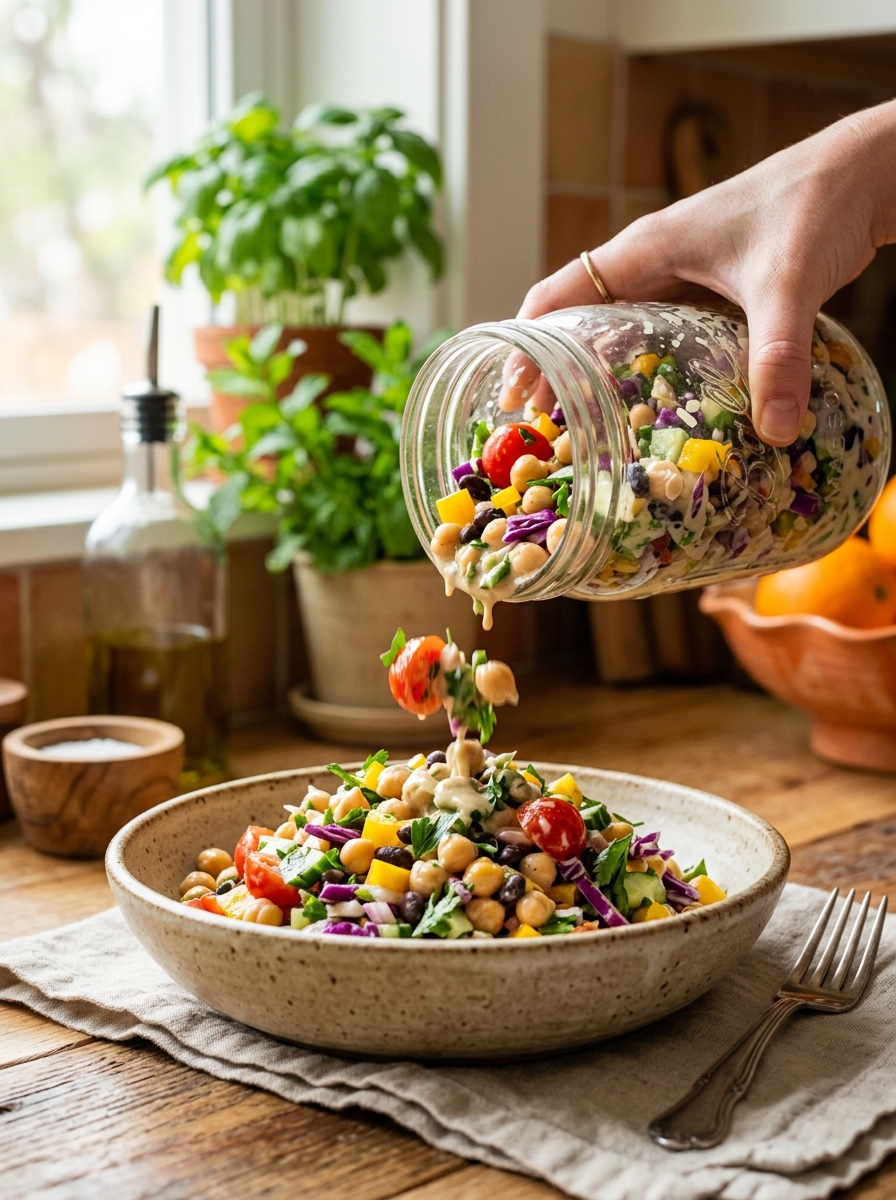 vibrant rainbow chickpea salad poured from mason jar into a ceramic salad bowl