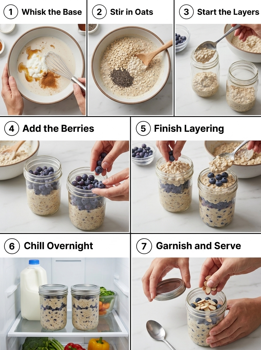 visual step by step cooking guide collage for healthy overnight oats with berries and chia