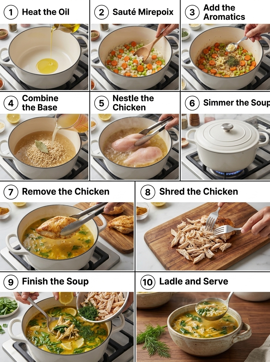 visual step by step cooking guide collage for healthy shredded chicken and brown rice soup