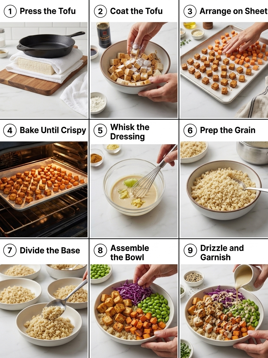 visual step by step cooking guide collage for baked crispy tofu buddha bowl recipe