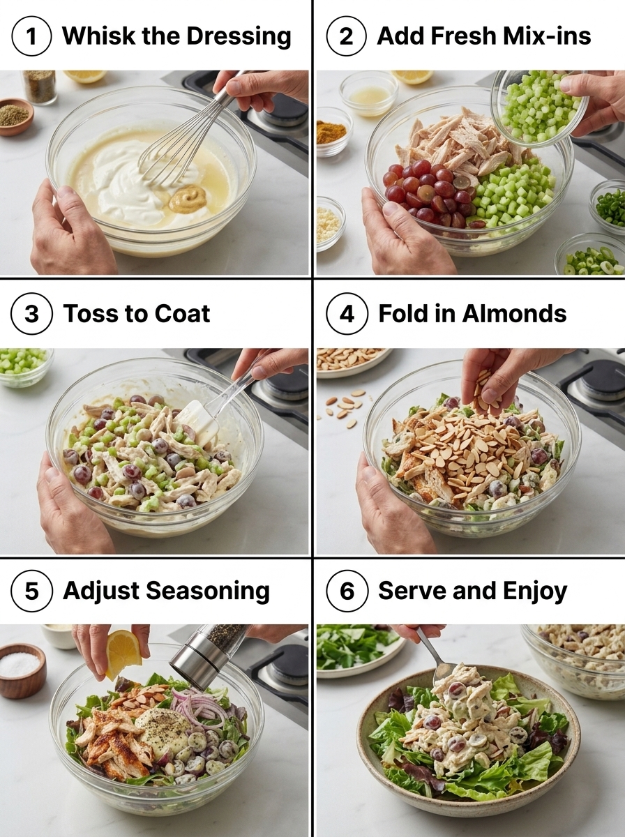 visual step by step cooking guide collage for healthy high protein Greek yogurt chicken salad