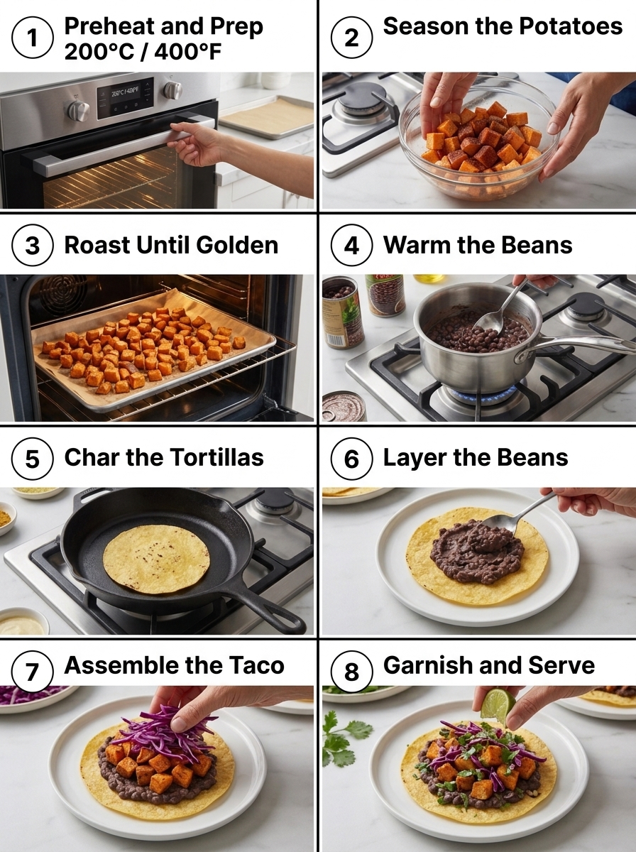 visual step by step cooking guide collage for healthy roasted sweet potato and black bean tacos