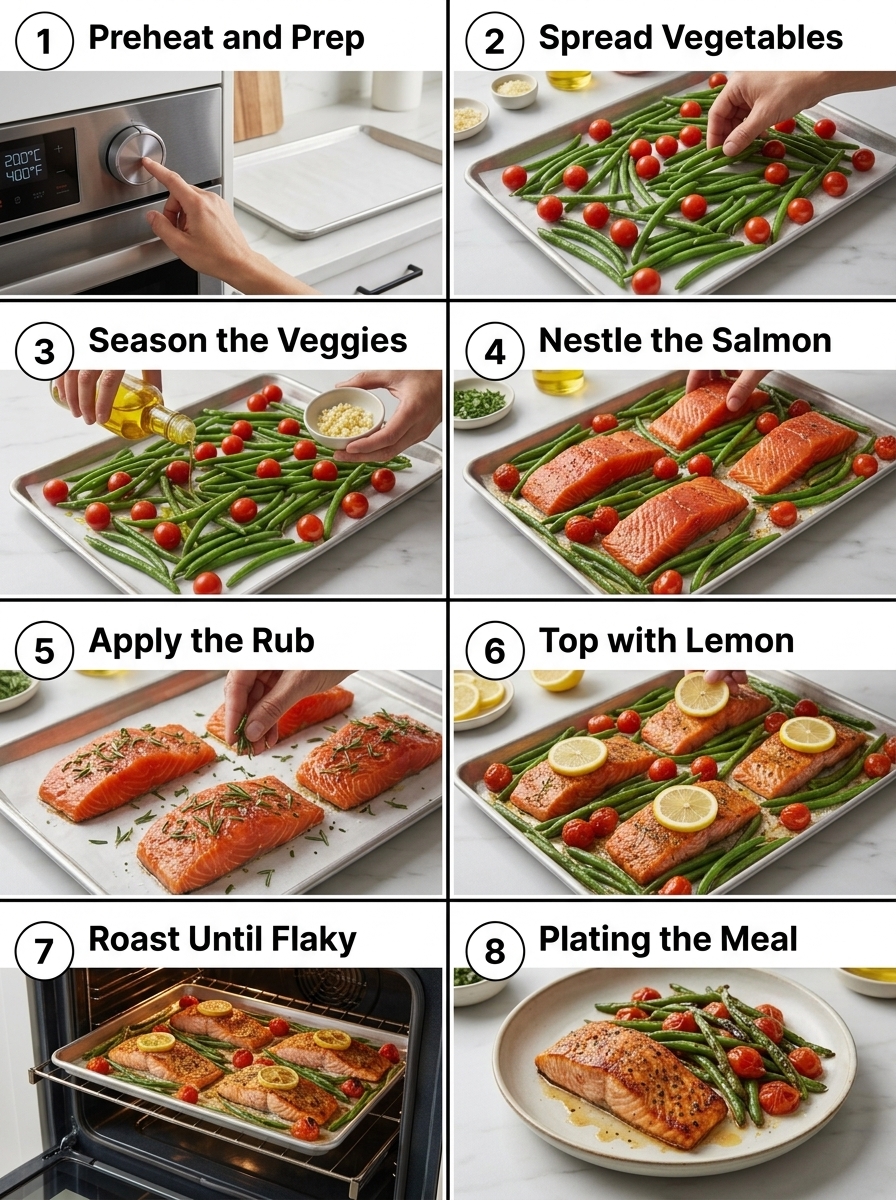visual step by step cooking guide collage for easy sheet pan lemon herb salmon recipe