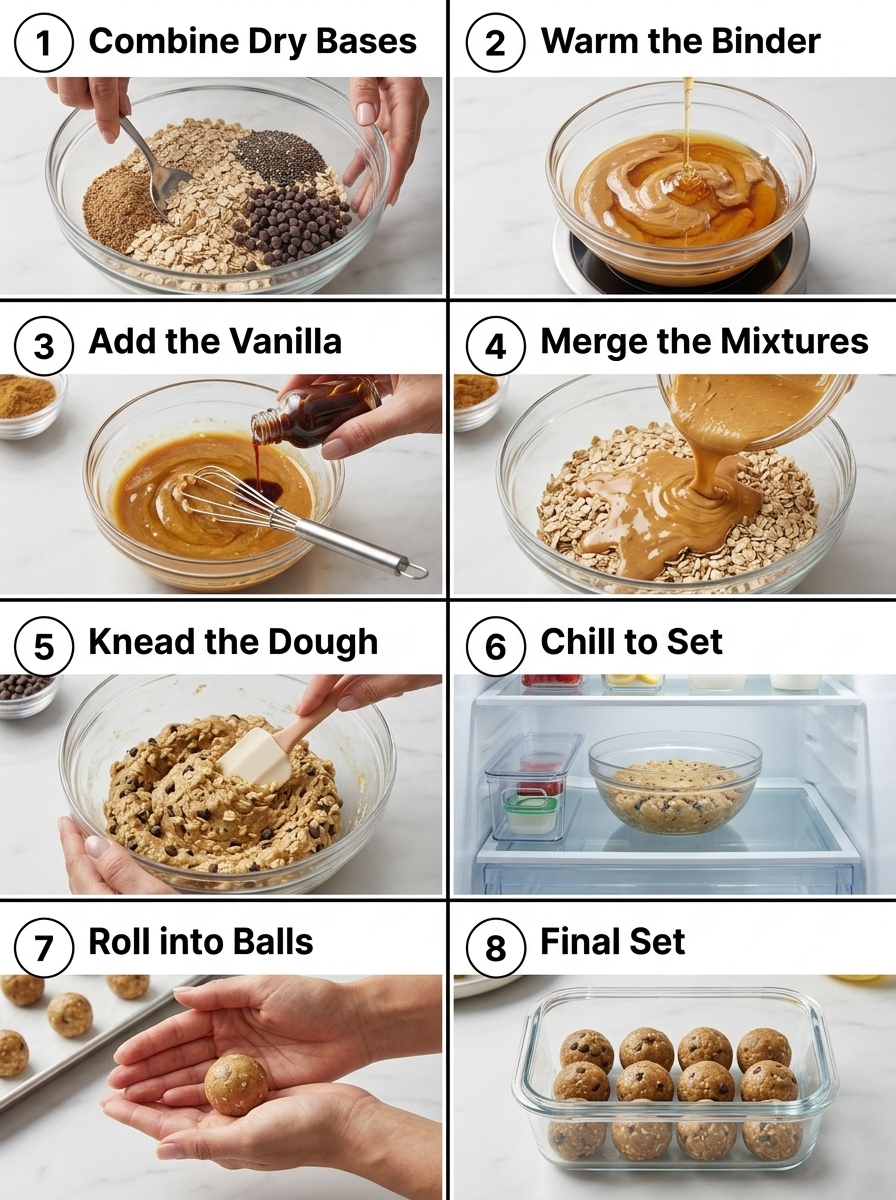 visual step by step cooking guide collage for easy no-bake peanut butter protein energy balls