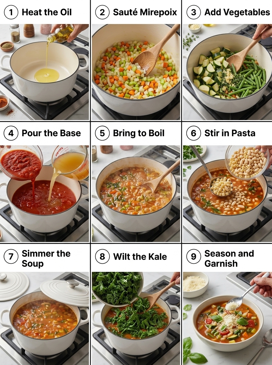 visual step by step cooking guide collage for classic Italian vegetable minestrone soup