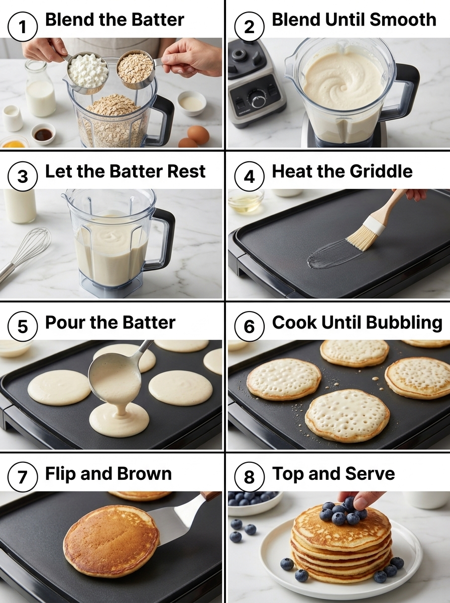 visual step by step cooking guide collage for high protein cottage cheese oat pancakes