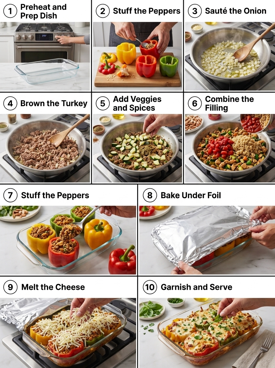 visual step by step cooking guide collage for healthy turkey and quinoa stuffed bell peppers