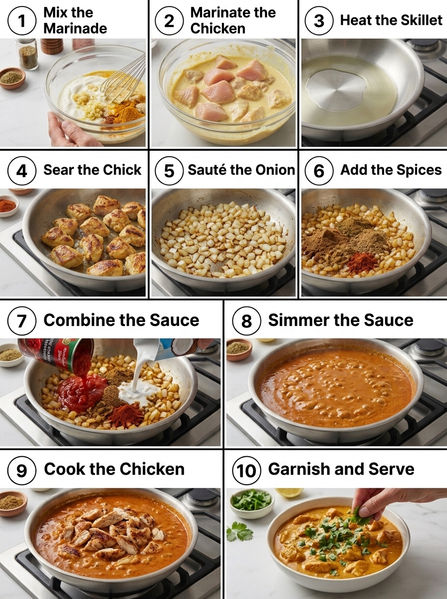 visual step by step cooking guide collage for light healthy chicken tikka masala with Greek yogurt