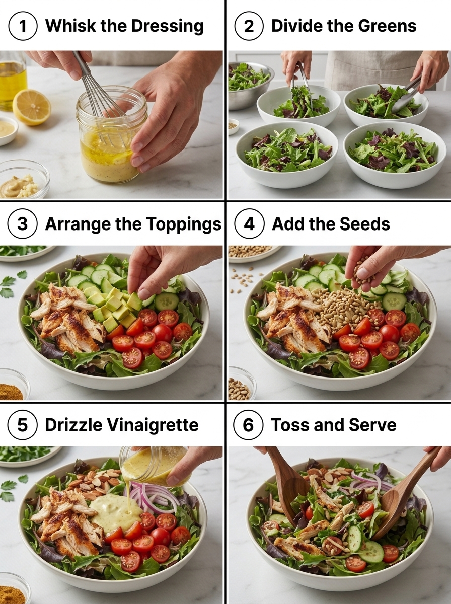 visual step by step cooking guide collage for easy chicken avocado salad lunch bowls