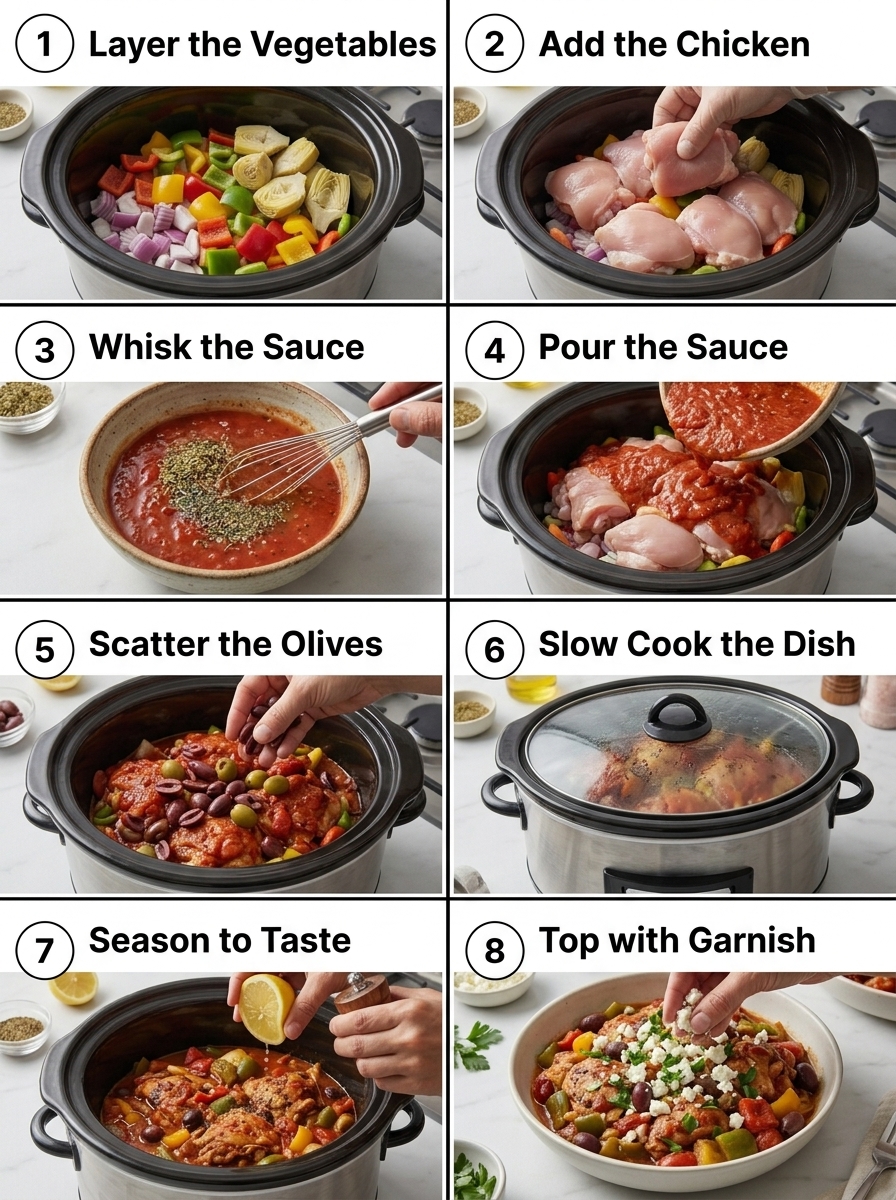 visual step by step cooking guide collage for slow cooker Mediterranean chicken casserole