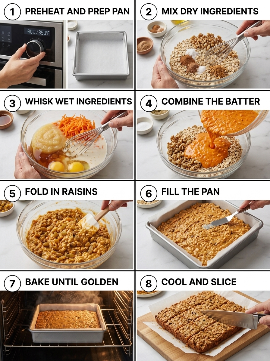 visual step by step cooking guide collage for healthy carrot cake oatmeal breakfast bars