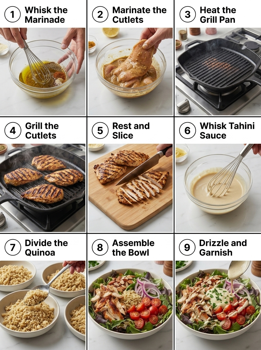 visual step by step cooking guide collage for homemade grilled chicken shawarma power bowl
