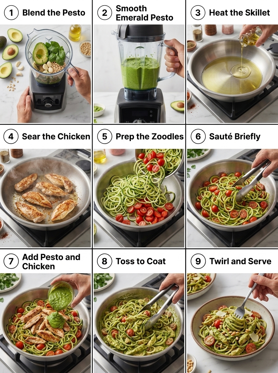 visual step by step cooking guide collage for low carb creamy avocado pesto zoodles with chicken
