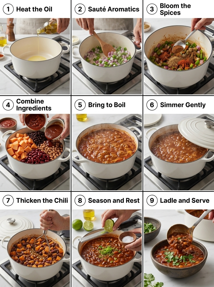 visual step by step cooking guide collage for hearty smoky vegetarian sweet potato chili